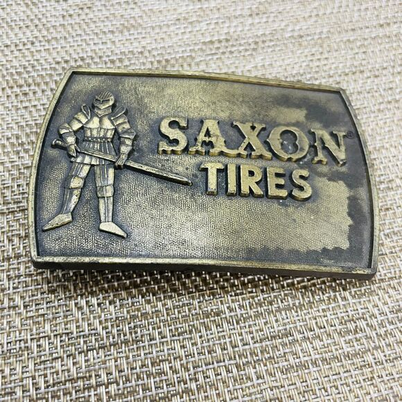 SAXON TIRES Belt Buckle Knight Cooper Tire Brass VTG - Picture 1 of 2